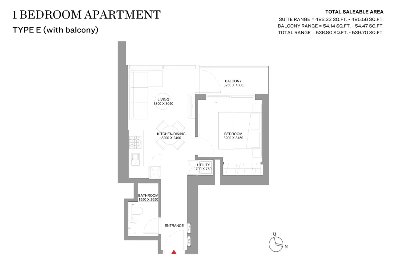 Sobha Orbis – 1 Bedroom 1 Bedroom Apartment Type E (with balcony) floor plan